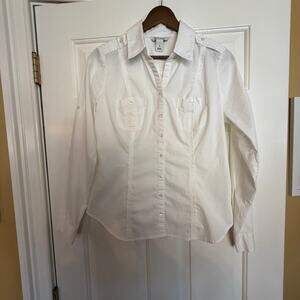 White House Black Market White Long Sleeve Cotton Blend Blouse Chest Pockets S